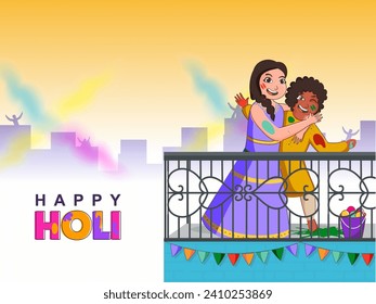 Illustration of Cheerful Indian Boy and Girl Playing Colors Together at Balcony on the Occasion of Holi Festival. Can Be Used as Greeting Card.