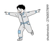 Illustration of a cheerful kid in a flight suit or mechanic jumpsuit playing and running, flat design style on white background.