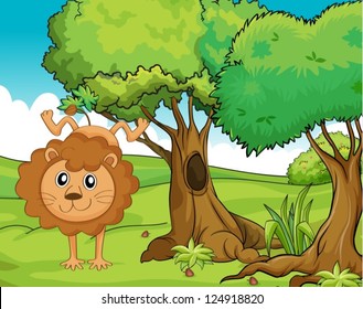 Illustration of a cheerful lion in the forest