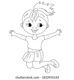 Illustration with a cheerful little jumping girl. Linear illustration for coloring book.