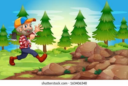 Illustration of a cheerful lumberjack near the rocks