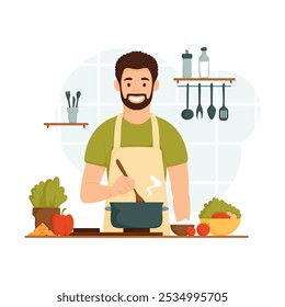 Illustration of a cheerful male chef cooking in the kitchen, stirring a pot on the stove with fresh vegetables and kitchen utensils nearby. Smiling male chef stirring pot in kitchen