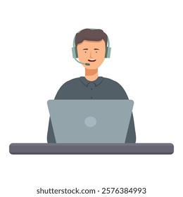 Illustration of a cheerful male customer service representative with headphones working on a laptop