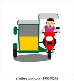 Illustration of a cheerful man driving a tricycle. Isolated background 