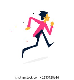 Illustration of a cheerful man running. Vector. Cartoon flat style. Character businessman in a red sweatshirt. Fitness, sport. Mascot for a company or store.