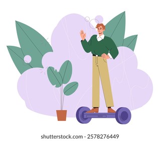 Illustration of a cheerful man standing on a hoverboard, waving, surrounded by plants and a soft purple background. Concept of eco-friendly commuting. Vector illustration