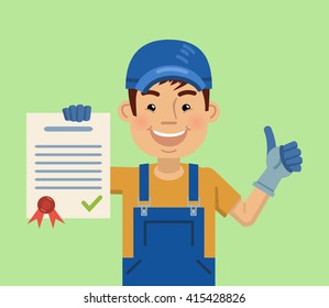 Illustration of a cheerful mechanic holding a document and showing thumb up gesture. Worker, carrier, courier. Flat style vector illustration