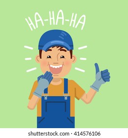 Illustration of a cheerful mechanic laughing and showing thumb up gesture. Worker, carrier, courier. Emoticon, emotion, emoji, facial expression. Flat style vector illustration