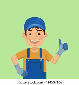 Illustration of a cheerful mechanic smiling and showing thumb up gesture. Worker, carrier, courier. Emoticon, emotion, emoji, facial expression. Flat style vector illustration