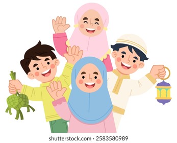 Illustration of cheerful Muslim children celebrating Eid