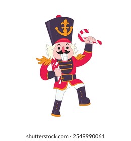 illustration of a cheerful nutcracker prince with a candy cane in his hand