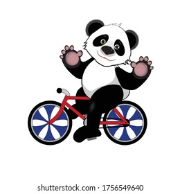 Illustration of Cheerful Panda on a Bicycle on a White Background