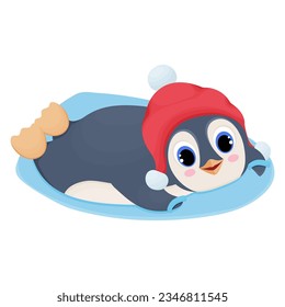 illustration of cheerful penguin who spends winter vacations, snowboarding, cartoon character, vector