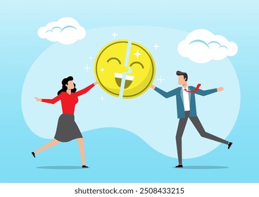 An illustration of cheerful people completed happy smile face jigsaw. Happiness in workplace, customer satisfaction or review feedback concept