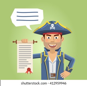 Illustration of a cheerful pirate holding a scroll. Smiling pirate holding a paper or a document. Flat style vector illustration