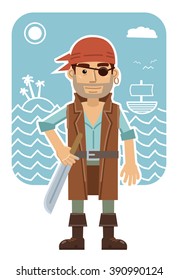 Illustration of a cheerful pirate isolated on abstract background. Flat style vector illustration