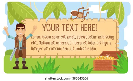 Illustration of a cheerful pirate on an island with a banner on the background. Pirate poster, placard, paper. Pirate treasure theme. Flat style vector illustration