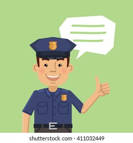 Illustration of a cheerful police officer showing thumb up gesture. Smiling policeman, detective, inspector. Emoticon, emoji. Flat style vector illustration.