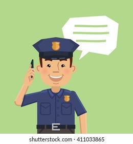 Illustration Of A Cheerful Police Officer Talking On The Mobile Phone. Detective, Policeman, Inspector. Emoticon, Emoji. Flat Style Vector Illustration