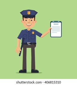 Illustration of a cheerful policeman holding a clipboard. Police officer isolated on abstract background. Flat style vector illustration