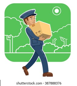 Illustration of a cheerful postman with a package on abstract background. Mail delivery service, carrier, mailman. Simple style vector illustration