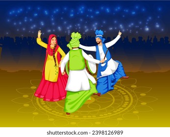 Illustration of Cheerful Punjabi People Doing Bhangra Dance with Dhol Instrument on Bokeh Lights Effect Blue and Yellow Background.