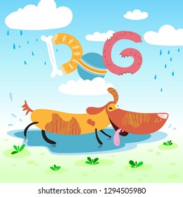 illustration. cheerful puppy on meadow. the word dog is written in playful dog food letters