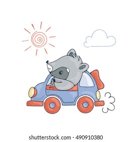 Illustration with a cheerful racoon in car. Vector image.