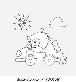 Illustration with a cheerful racoon in car. Vector coloring page.