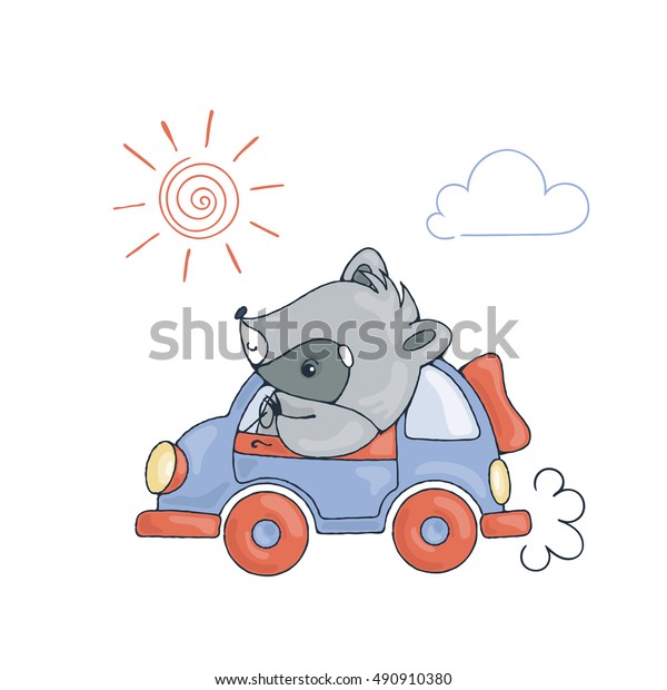 Illustration\
with a cheerful racoon in car. Vector\
image.