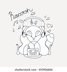 Illustration with a cheerful racoon listening to music player. Vector coloring page.