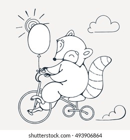 Illustration with a cheerful racoon on a bike with balloon. Vector coloring page.