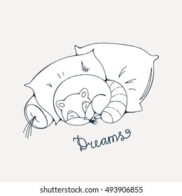 Illustration with a cheerful racoon sleeping on a pillows. Vector coloring page.