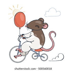 Illustration with a cheerful rat on a bike with balloon. Vector image.