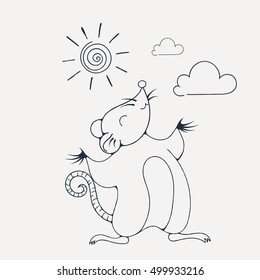 Illustration with a cheerful rat playing under the sun. Coloring page. Vector image.