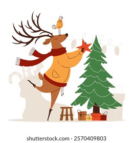 Illustration of a cheerful reindeer in a scarf and sweater placing a star on a Christmas tree, with gifts below.