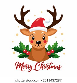 Ilustração de uma rena alegre vestindo um chapéu de Papai Noel, perfeito para desenhos festivos de férias.