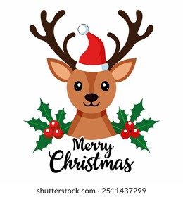 Illustration of a cheerful reindeer wearing a Santa hat, perfect for festive holiday designs.