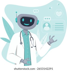 Illustration of a cheerful robot doctor in a lab coat with a stethoscope, interacting with medical data and icons. Concept for robotization in modern healthcare systems. Robot doctor with plants.
