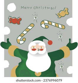 An illustration of a cheerful Santa Claus with a big beard spreading his arms for Christmas. Christmas tree and candy and striped cane candy, Merry Christmas letters