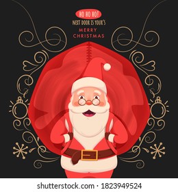 Illustration of Cheerful Santa Claus Carrying a Red Heavy Bag with Floral Motif, Snowflake and Bauble on Dark Grey Background for Merry Christmas.