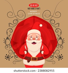 Illustration of Cheerful Santa Claus Carrying a Red Heavy Bag with Floral Motif, Snowflake and Bauble on Light Brown Background for Merry Christmas.