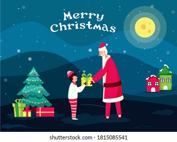 Illustration of Cheerful Santa Claus Giving Gift to Boy with Decorative Xmas Tree and Houses on Full Moon Blue Snowfall Background for Merry Christmas.