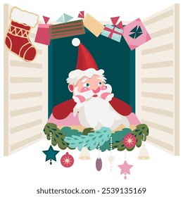 Illustration with a cheerful Santa Claus looking out of the window gifts, garlands, Christmas decorations, cartoon children's style Suitable for children's life things, holidays, postcards. 