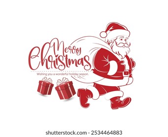 Illustration of a cheerful Santa Claus, playful elf, and cute reindeer. Perfect for festive Christmas greetings and holiday celebrations on a red background with falling snow.