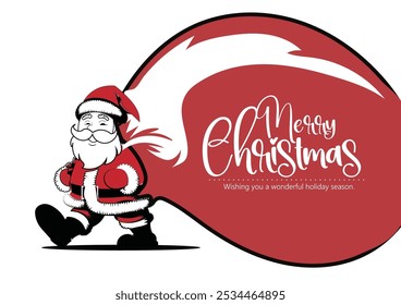 Illustration of a cheerful Santa Claus, playful elf, and cute reindeer. Perfect for festive Christmas greetings and holiday celebrations on a red background with falling snow.