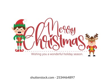 Illustration of a cheerful Santa Claus, playful elf, and cute reindeer. Perfect for festive Christmas greetings and holiday celebrations on a red background with falling snow.