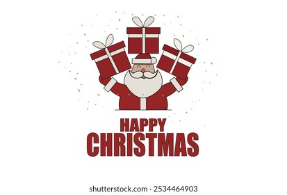 Illustration of a cheerful Santa Claus, playful elf, and cute reindeer. Perfect for festive Christmas greetings and holiday celebrations on a red background with falling snow.