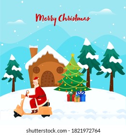 Illustration of Cheerful Santa Claus Riding Scooter with Xmas Trees, Gift Boxes, Snowy House on Blue and White Snowfall Background.