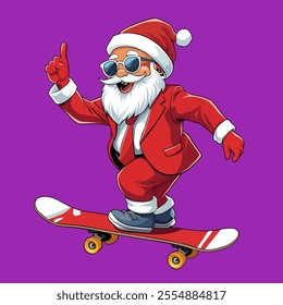 Illustration of a cheerful Santa Claus skateboarding in a red suit, sunglasses, and hat on a vibrant purple background. Perfect image for festive, fun, and modern Christmas themes.